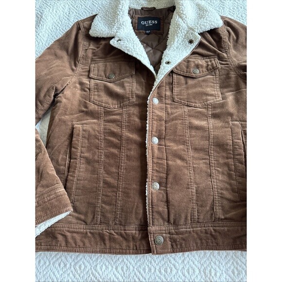 Men’s GUESS Brown Faux Fur Corduroy Snap-Button Bomber Jacket Size S - Picture 4 of 9